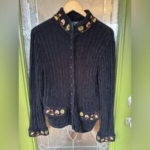 Medium Black Knit Button Up Cardigan Whimsygoth Cottage Core Embroidered Floral
